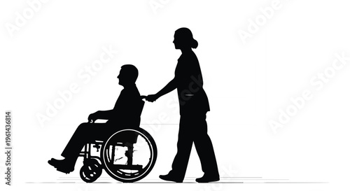 Silhouette of caregiver assisting disabled person in wheelchair, helping hand, supportive healthcare professional