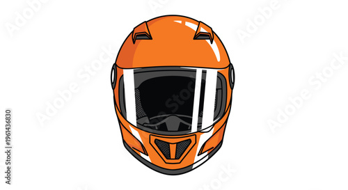 An orange full-face motorcycle helmet with a dark visor and white accents is shown from a front view on a white background.