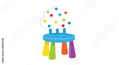A cartoon chair with a cloud-shaped backrest and multicolored legs stands on a white background.