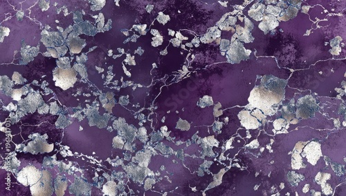 Abstract purple background with textured silver and blue floral-like elements