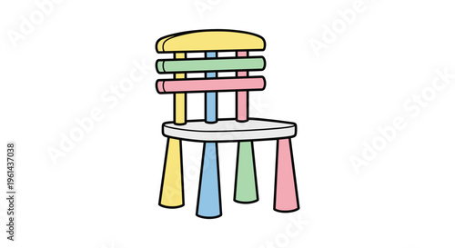 A charming wooden chair with a yellow top backrest, pastel slats, and multi-colored legs is isolated on a white background.