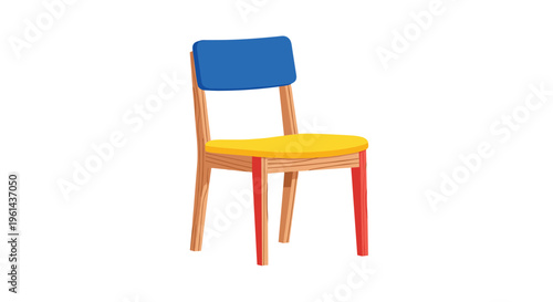 A brightly colored wooden chair with a blue backrest, yellow seat, and red front legs is shown at an angle.