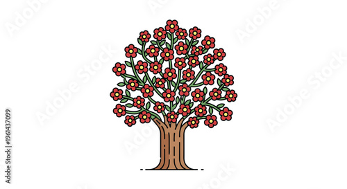 A stylized tree with a textured brown trunk has a rounded canopy filled with small red flowers with yellow centers.