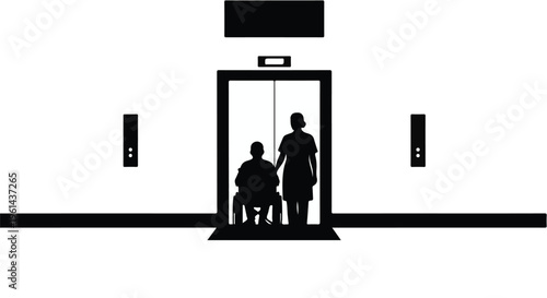 Silhouette of disabled person in wheelchair and assistant entering elevator in modern building with accessibility features