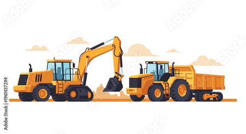 A yellow excavator and a yellow dump truck are parked on dirt ground against a hazy background.