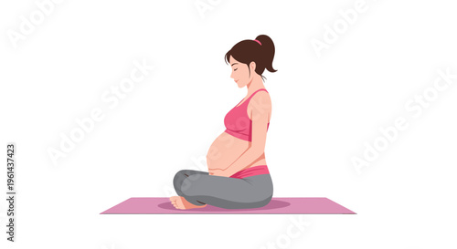 A pregnant woman with dark hair sits cross-legged on a pink yoga mat, holding her belly on a white background.