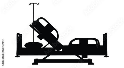 Hospital bed silhouette with IV pole medical equipment in modern healthcare setting for wellness and medicine concepts