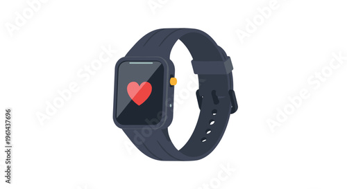 A dark grey smartwatch with a black strap displays a red heart icon on its screen against a white background.