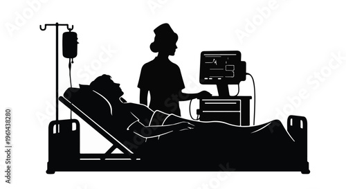 Medical professional doctor nurse attending to patient in hospital bed with IV drip and medical equipment silhouette
