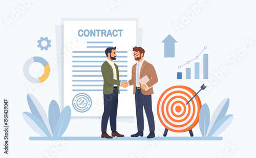 Contract agreement between two business people shaking hands. Business partnership concept. Successful partners standing and closing deal. Flat design vector illustration