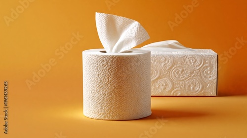 White paper towel roll with a sheet partially pulled out, next to a box of paper towels, set against a vibrant orange background
