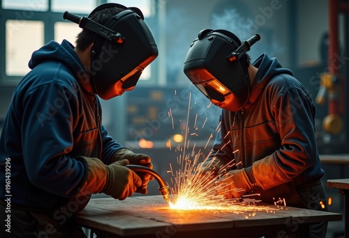 Intense Welding Sparks Erupt at Trade School Workshop: Vibrant Action and In-Depth Training In Metal Fabrication