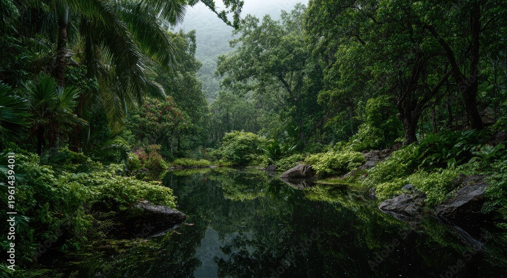 Obraz premium Lush jungle canopy reflects in dark tranquil water