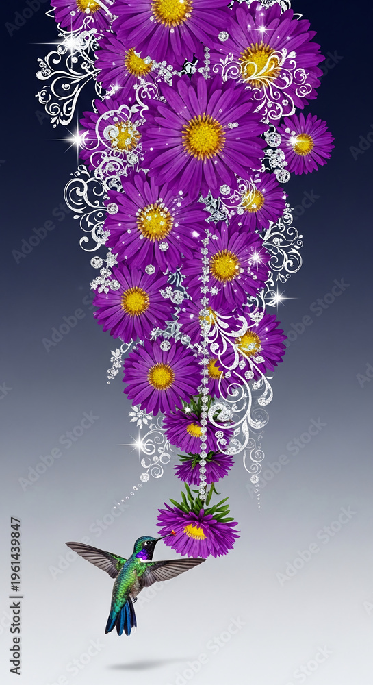 Naklejka premium Cascade of purple flower, gem, and scrollwork. Hummingbird at the bottom, wings spread, suggesting nature, elegance, and vibrant life, free space