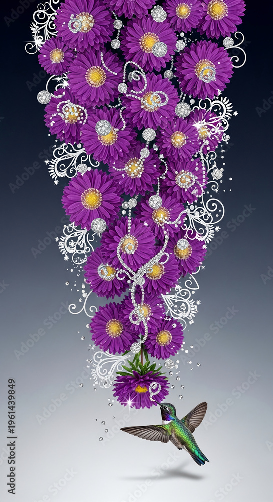 Naklejka premium Purple daisy cascade with diamond jewel, white ornament, and hummingbird at the bottom, representing elegance, luxury, and nature balance