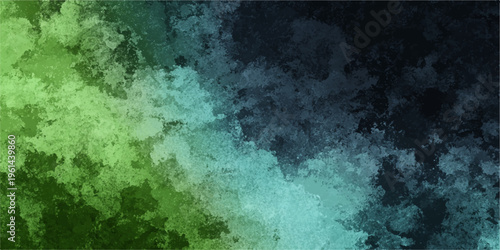 Abstract green grunge background features a dark textured sky with vintage paper patterns and smoky blue clouds providing ample copy space