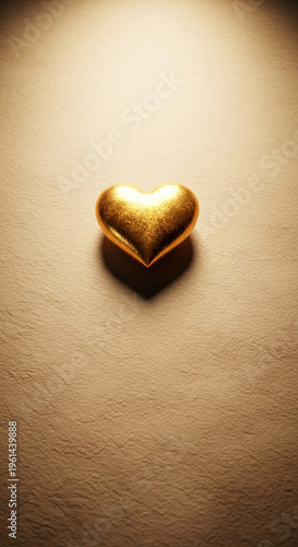 Shiny golden heart centered on textured surface, representing love, luxury and Valentine's Day, suitable for romantic or festive occasion concepts