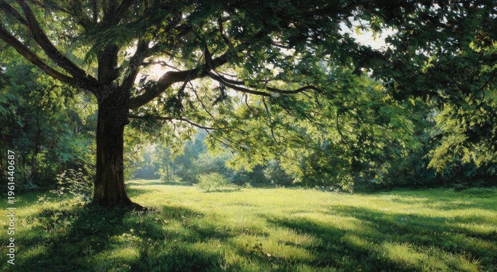 Fototapeta premium Sunlight filters through leafy branches onto a sun-dappled grassy clearing
