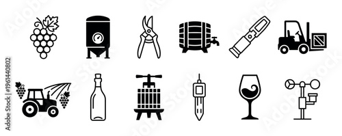 Set of black winemaking icons showing the complete viticulture and vinification process with grapes, a barrel, press, bottle, glass, tractor, and fermentation tank