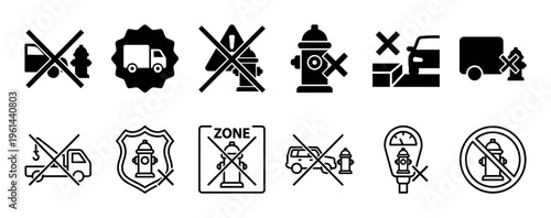 Set of black fire hydrant no parking icons showing traffic regulation symbols for safety, with cars, trucks, and prohibition signs presented in both solid glyph and simple outline styles