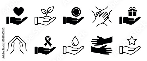 Black and white line art charity and donation icons illustrate concepts of giving, support, and community care, presented in a clean, modern, and easily recognizable graphic style