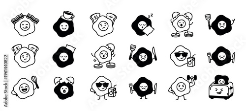 Large set of black and white fried egg characters in a cute doodle style, illustrating a range of emotions and breakfast activities from happy and cool to angry and sad