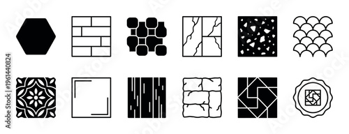 Collection of black flooring material icons showing various patterns like paving stone, wood, terrazzo, brick, and ceramic tile in a minimalist line art and glyph style