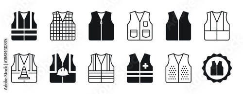 Safety vest icon set with various designs for construction and road work, featuring reflective stripes, pockets, and a hard hat in a minimalist black and white graphic style