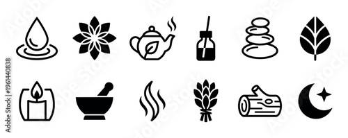 Set of black spa and wellness icons featuring a teapot, hot stones, candle, leaf, and mortar for aromatherapy, relaxation, and meditation concepts in a minimalist line art style