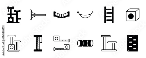 Cat furniture and accessories icon set in a simple black glyph and outline style, featuring a scratching post, play tunnel, climbing ladder, pet hammock, and condo for felines