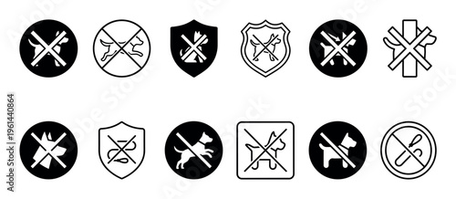 Collection of black no dogs allowed icons showing various prohibition signs for pets and animals in different vector styles like line art and silhouette for public area regulations