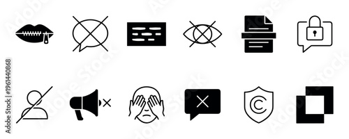 Set of black glyph icons for censorship and privacy concepts, featuring symbols for silence, secure messaging, banned users, and intellectual property protection