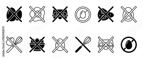 Collection of black egg-free icons in linear and glyph styles representing a food allergen warning with crossed-out whole, fried, and scrambled eggs for dietary labeling