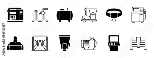 Collection of black dairy farm icons featuring modern agricultural equipment for milk production, including a milking machine, tank, feed mixer, and livestock management symbols