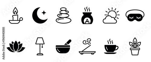 Collection of black minimalist icons for relaxation, spa, and wellness, including a candle, zen stones, lotus, and sleep mask, representing tranquility and self-care