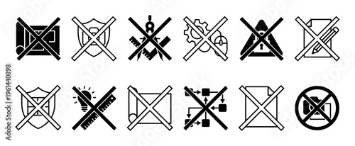 Set of black prohibition icons showing various restrictions for design, engineering, and security concepts in a minimalist graphic style