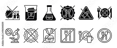 Collection of black and white prohibition icons showing no food or drink signs for laboratory and sterile area safety regulations in a clean minimalist line art style
