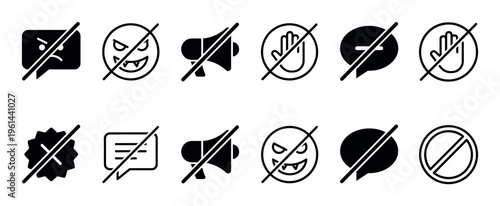 Set of black crossed-out icons for prohibition and censorship, including symbols for mute, stop, no hate speech, and bad comments, representing restriction and banning