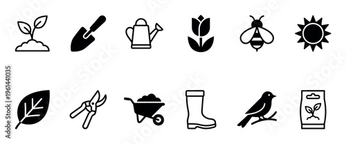 Set of black gardening and spring icons featuring a sprout, trowel, watering can, tulip, bee, sun, leaf, shears, wheelbarrow, boot, bird, and seeds in a minimalist style