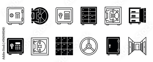 Collection of black safe and vault icons showing different security systems like digital keypads, combination locks, and heavy bank doors in a minimalist line art and glyph style