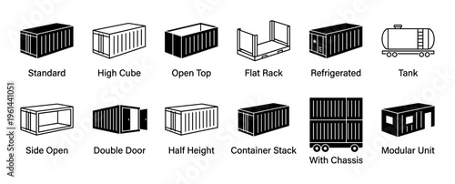 This collection of diverse cargo shipping container icons showcases various intermodal freight units, including standard, high cube, open top, and tank designs