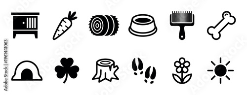 Collection of black glyph icons representing pets, nature, and farm life, including a hutch, carrot, hay, bowl, brush, bone, den, clover, stump, paw prints, flower, and sun