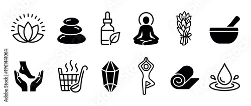 Set of black spa and wellness icons representing yoga, meditation, hot stone massage, aromatherapy, herbal remedies, sauna, and crystal healing in a minimalist style