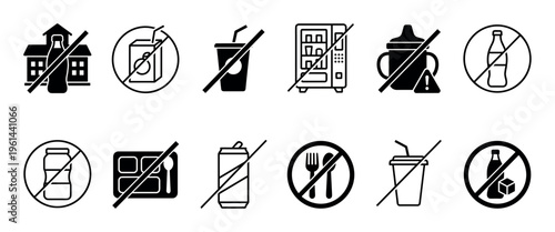 Set of black prohibition icons showing no food or drink allowed signs, featuring various beverage containers and cutlery in a simple glyph style for public notices