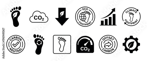 Twelve distinct environmental sustainability icons collection visually represents carbon footprint, climate impact, and eco-friendly practices with clear graphic symbols