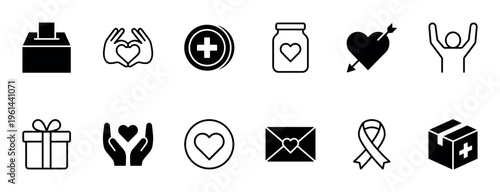 Diverse collection of charity and donation icons, featuring symbols of giving, love, support, and community assistance in a clean, modern graphic style