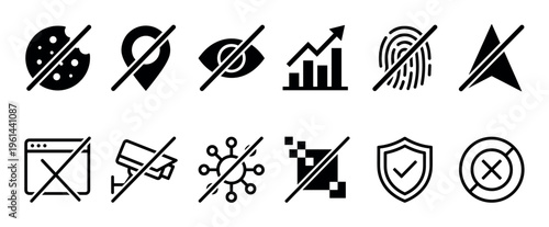 Collection of black and white digital privacy and security icons illustrating various online restrictions, data protection, and user rights in a modern, clean graphic style