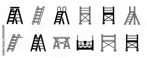 Various black and white icons illustrating different types of ladders, stepladders, and scaffolding equipment, presented in a clean, minimalist graphic style