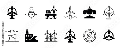 Collection of black renewable energy icons representing wind, wave, and tidal power generation in a minimalist glyph and line art style for sustainable technology concepts