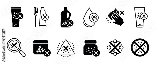 Black glyph icon set for microbead-free products, representing plastic-free cosmetics, toothpaste, and detergents with a simple minimalist design